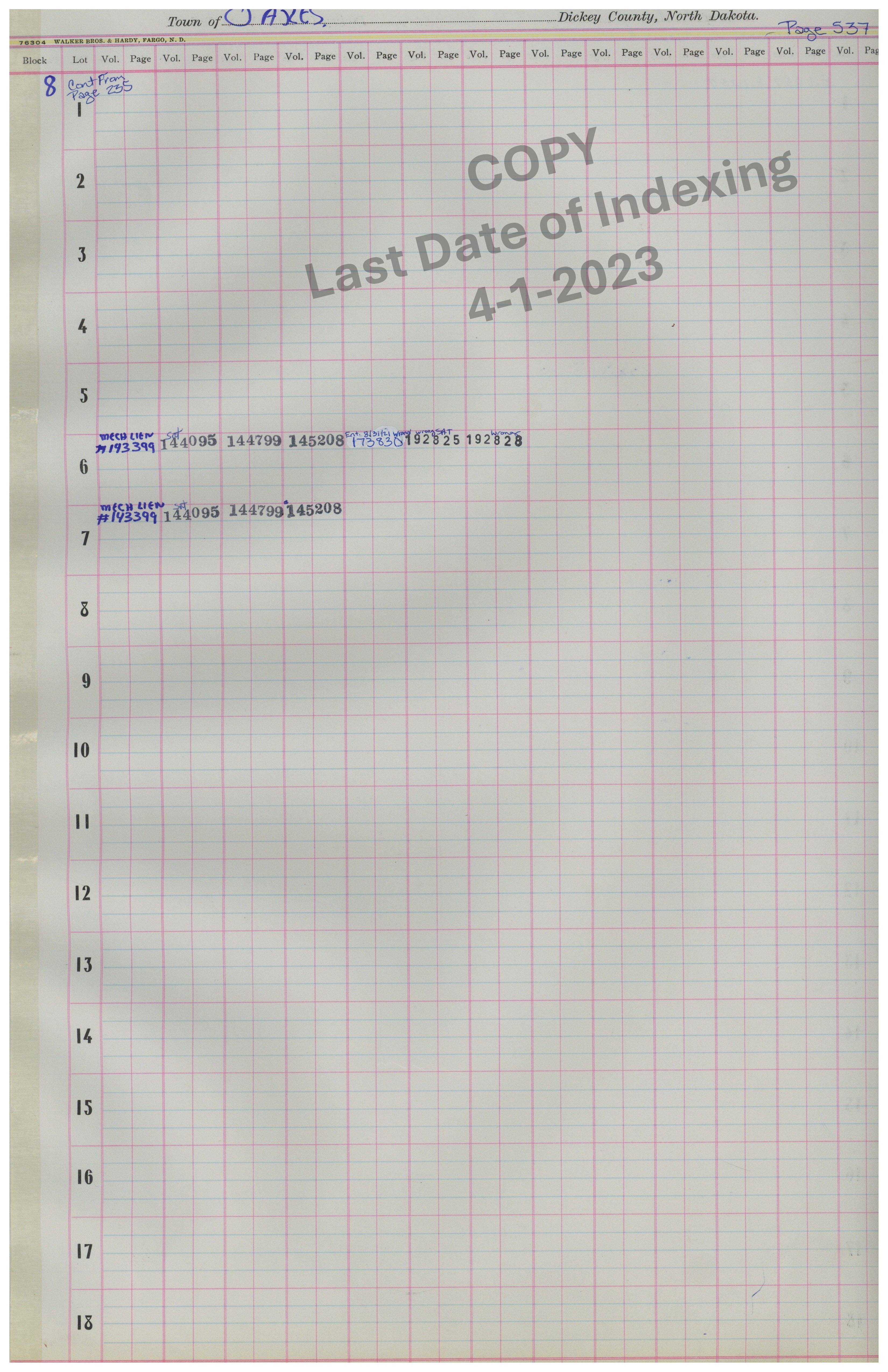 Block 8 Lots 1-18 Cont. Pg. 537